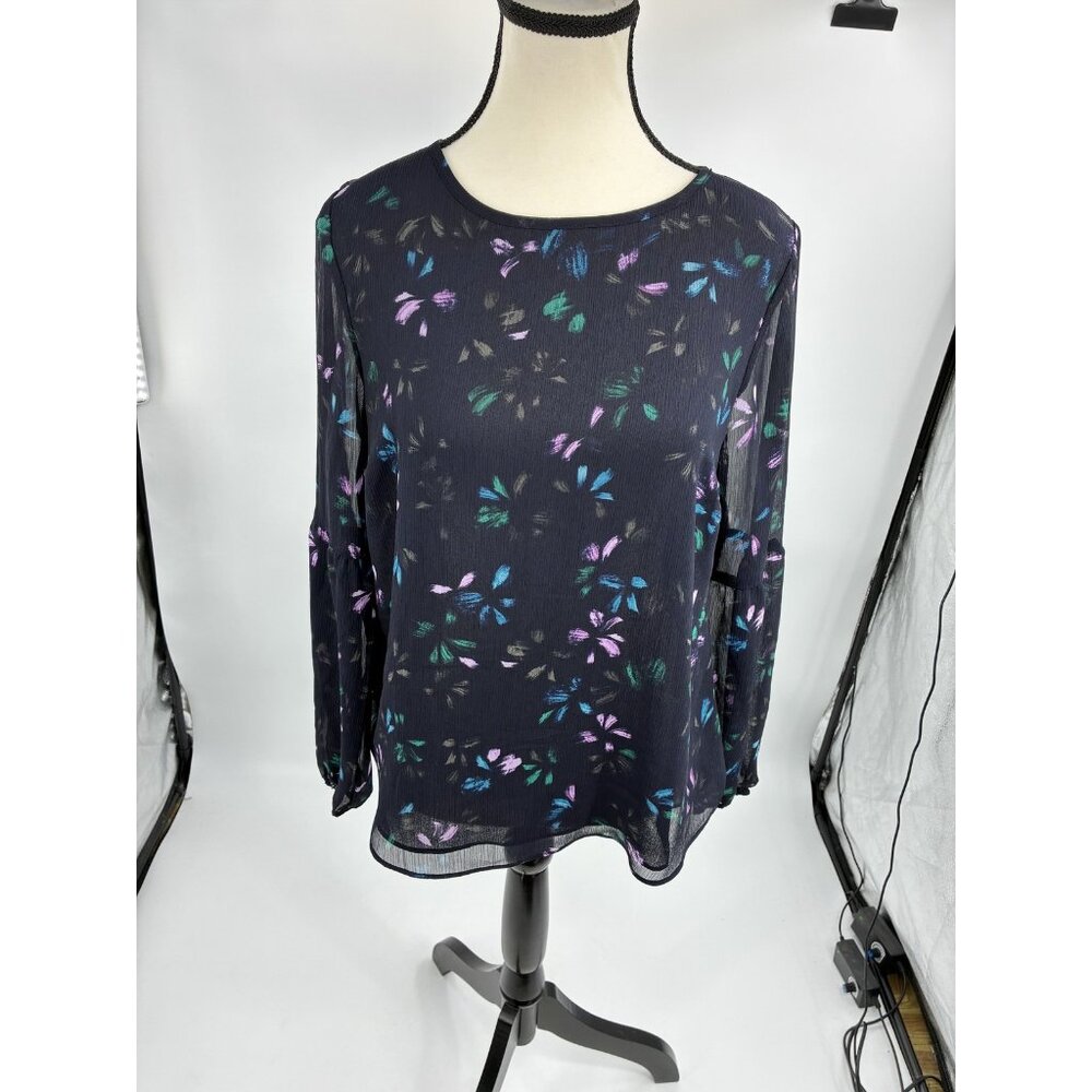 APT 9 Womens Size S Navy Blue Floral Blouse Sheer Long Sleeve Lightweight